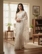 Embroidered Organza Saree for Party and Wedding, 6 Colours