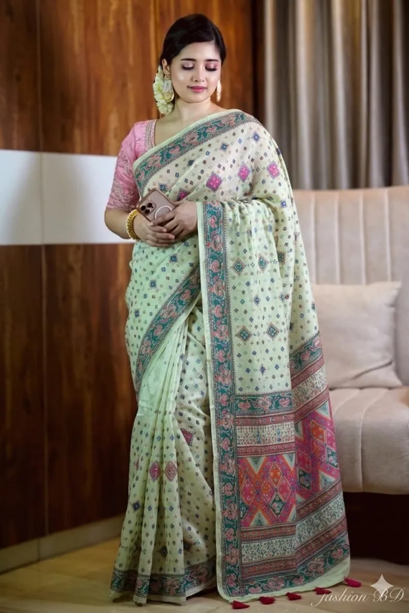 Pure Cotton Block and Screen Print Saree with Blouse Piece