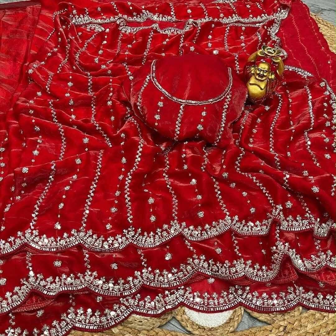 Glossy Fabric Embroidered Saree with Sequin Work and Blouse Piece