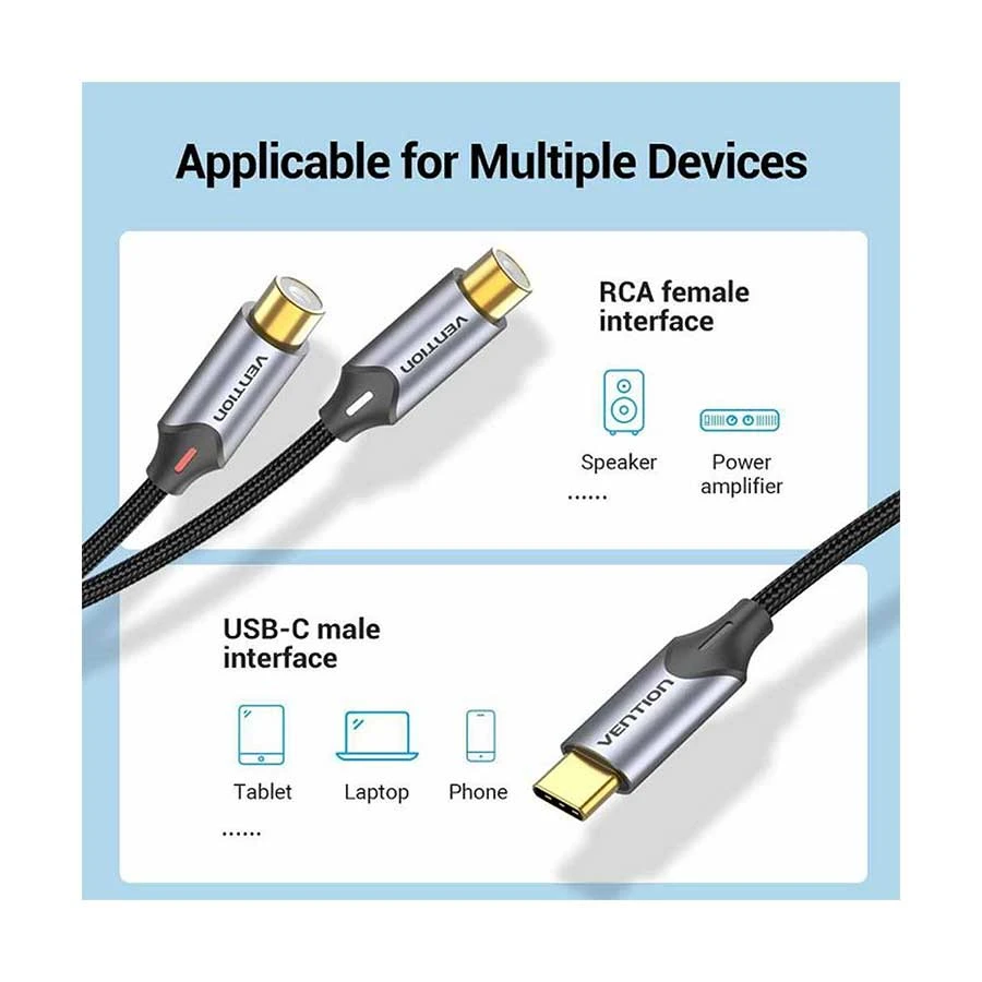 Vention BGVHF USB Type-C Male to 2 RCA Female 1 Meter Gray Audio Cable
