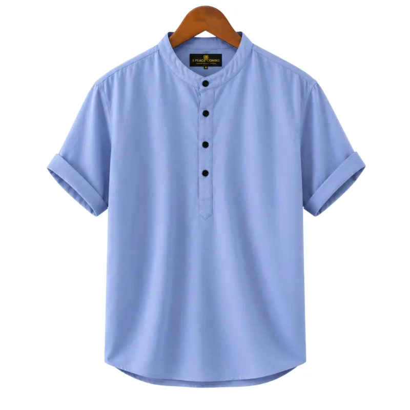 Men's Short Sleeve Oxford Cotton Katua with Band Collar, M to XXL