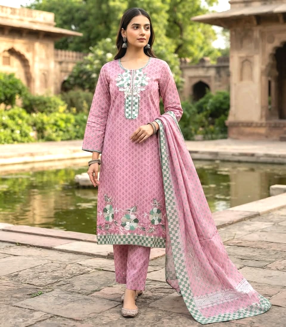 Readymade Three Piece with Neck Embroidery and Printed Orna