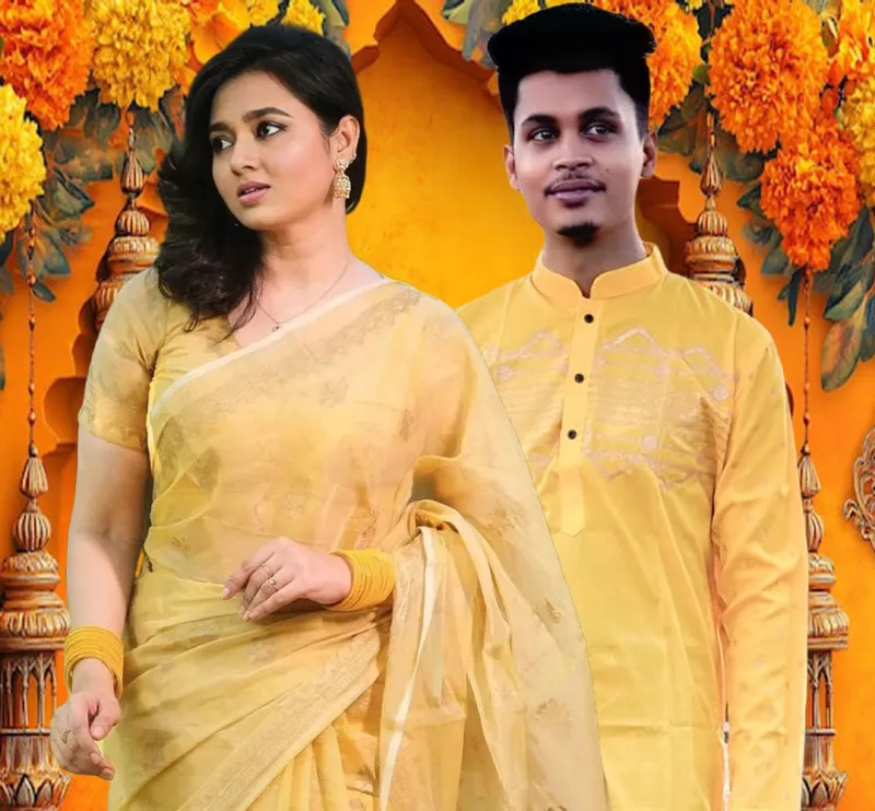 Couple Set, Semi Muslin Screen Print Saree and Block Print Panjabi