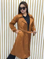 Women's Suede Leather Overcoat with Belt, 280 GSM