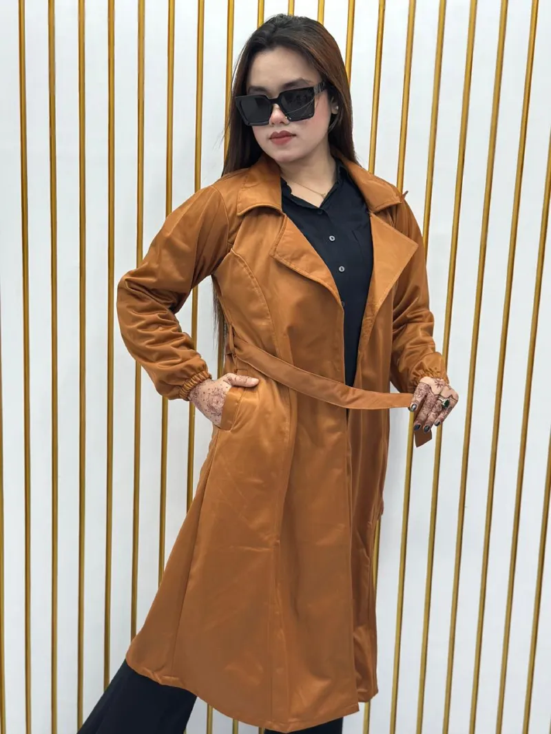 Women's Suede Leather Overcoat with Belt, 280 GSM