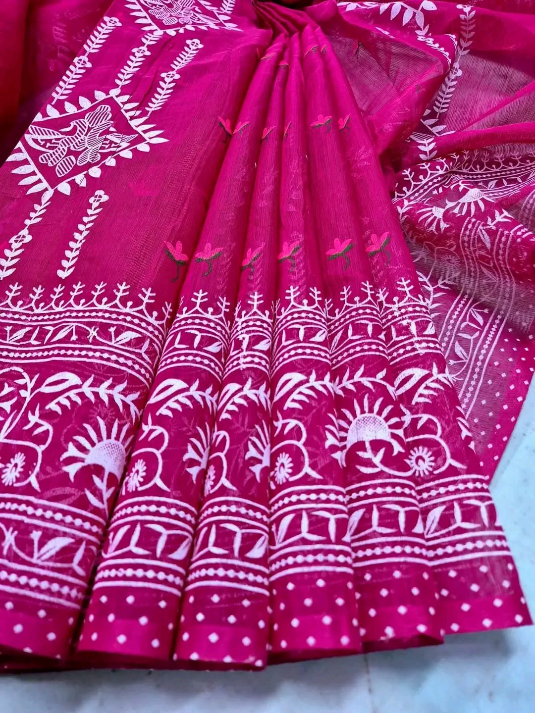 Half Silk Screen Print Saree for Puja and Festivals, 4 Colours