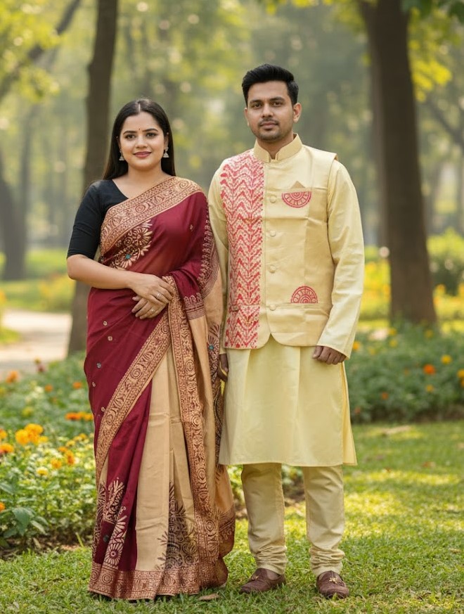 Nakshi Tangail Saree and Koti Panjabi Couple Set, 6 Colours