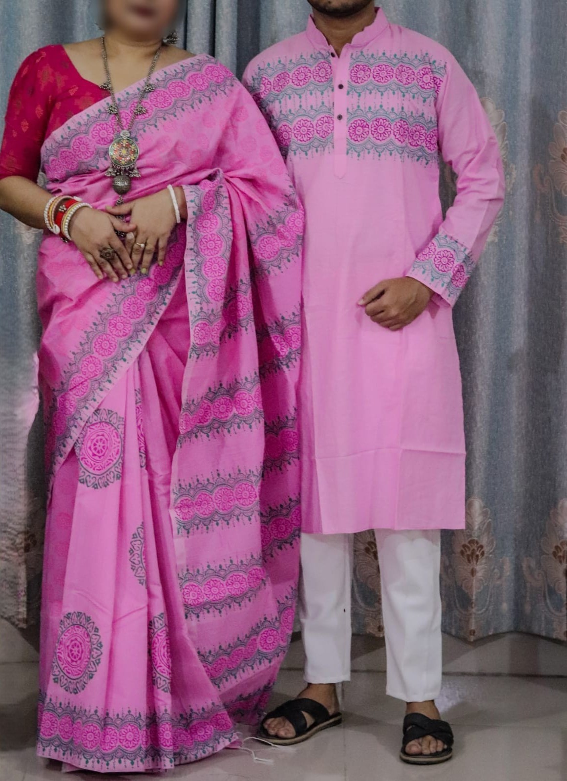 Couple Dhupian Silk Saree and Panjabi Set with Block Print