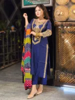 Linen Sequin Embroidery Three Piece with Butter Silk Salwar