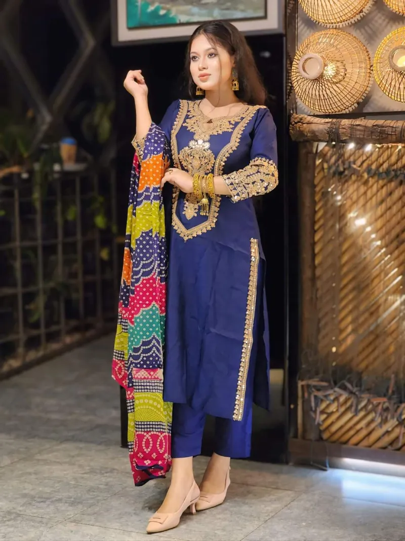 Linen Sequin Embroidery Three Piece with Butter Silk Salwar
