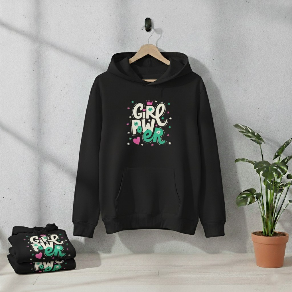 Premium Comfortable Printed Ladies Winter Hoodie ( Black )