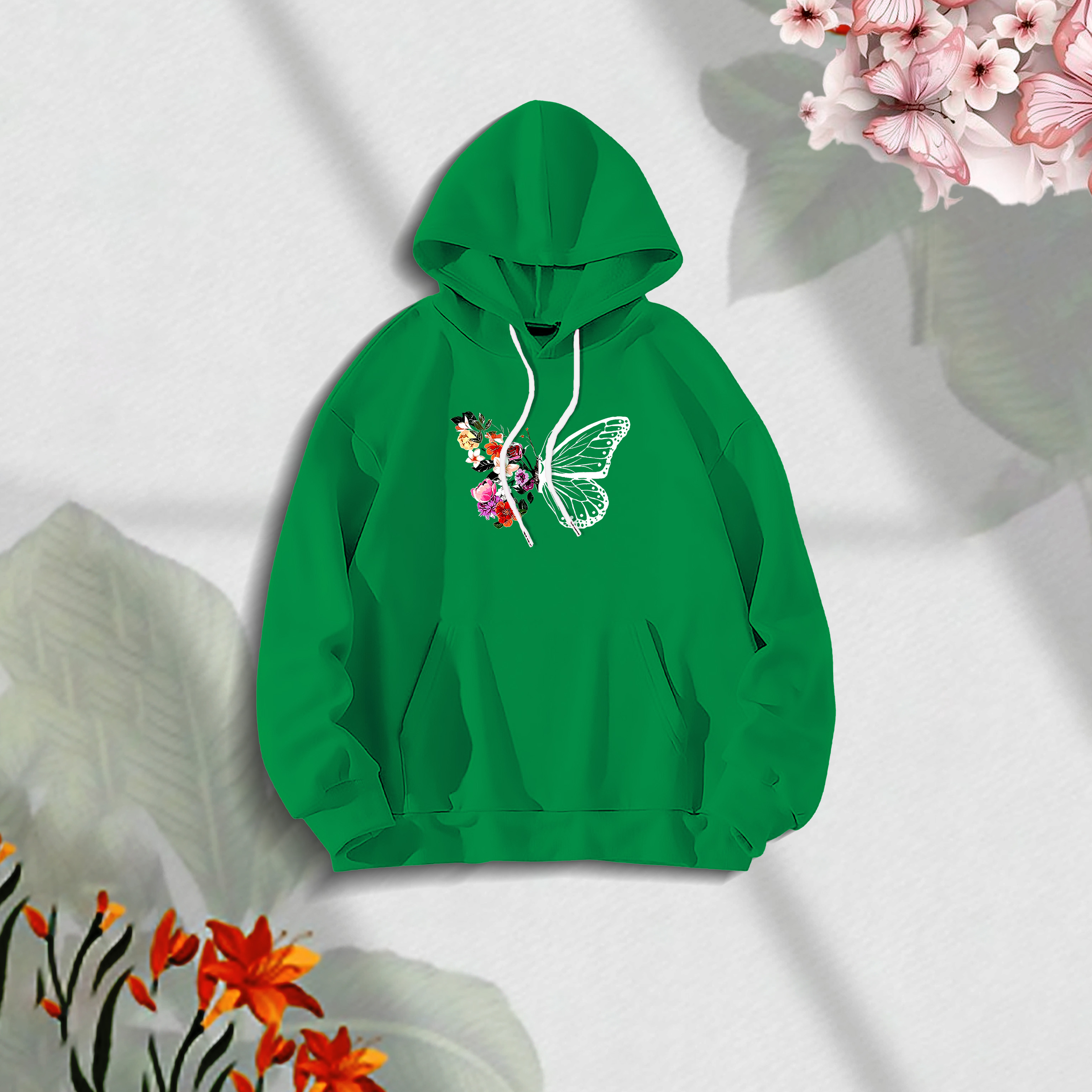 Premium Comfortable Stylish (Butterflies & Flowers -green) Ladies winter hoodie