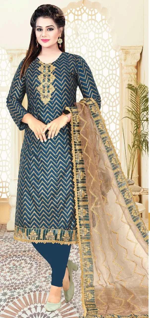 Women's Embroidered AC Cotton Three Piece with Organza Orna