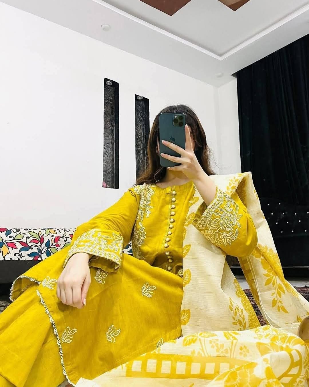 Women's Rayon Cotton Three Piece with Embroidery and Lace Work
