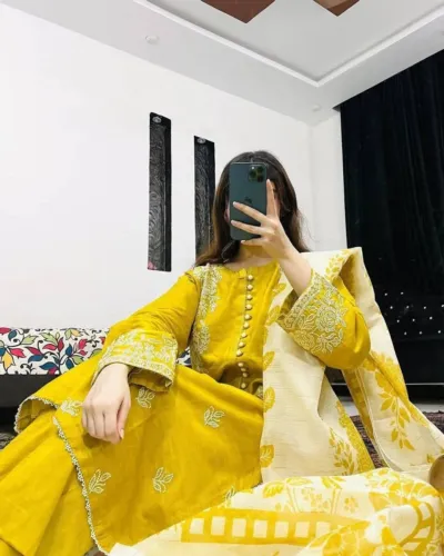 Women's Rayon Cotton Three Piece with Embroidery and Lace Work