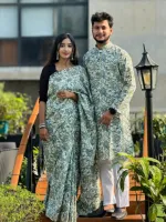 Cotton Mix Digital Print Saree and Panjabi Couple Dress, M to XL