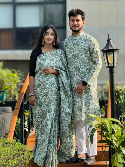 Cotton Mix Digital Print Saree and Panjabi Couple Dress, M to XL