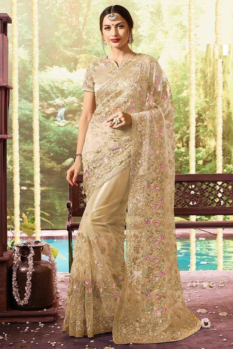 Full Embroidered Georgette Saree, Blouse Piece Included, 6 Colours