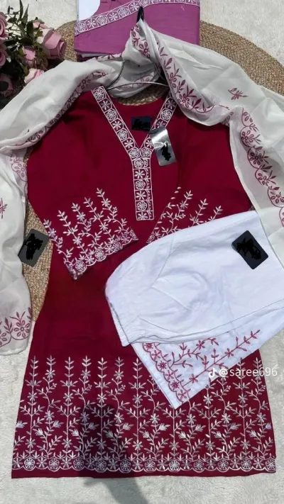 Women's Fine Cotton Three Piece with Heavy Embroidery