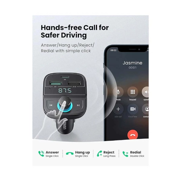 Ugreen CD229 Dual USB & Type-C QC 3.0 Black Car Charger with USB, TF, Bluetooth & FM Transmitter