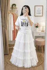 Pure Cotton T-Shirt and Soft Net Skirt Set, 200 Inch Flare