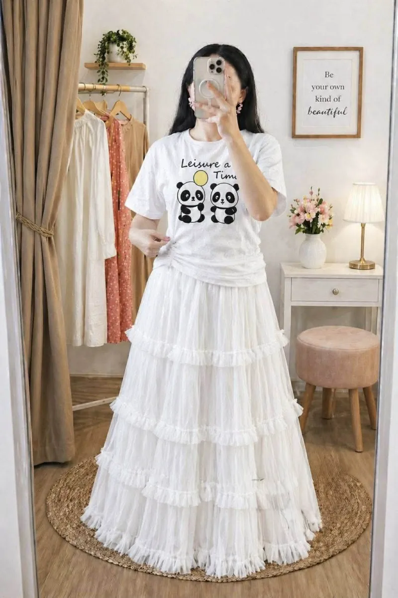 Pure Cotton T-Shirt and Soft Net Skirt Set, 200 Inch Flare