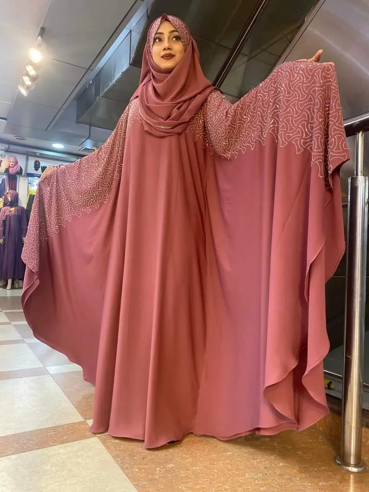 Free Size Cherry Abaya Borka with Stone Work and Hijab, 6 Colours
