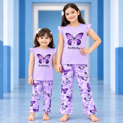 Cute Butterfly-Printed Purple Two-Piece Set for Girls