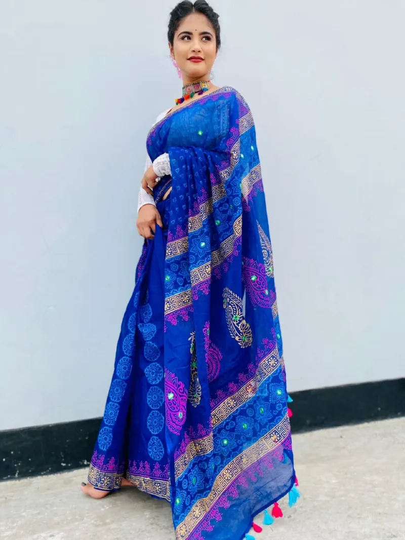Half Silk Block Print Saree with Running Blouse Piece, 13 Haath