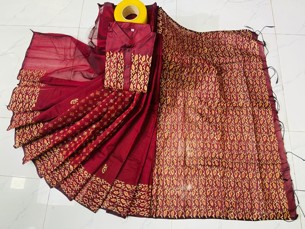 Dhupian Silk Block Print Saree and Panjabi Set for Couples