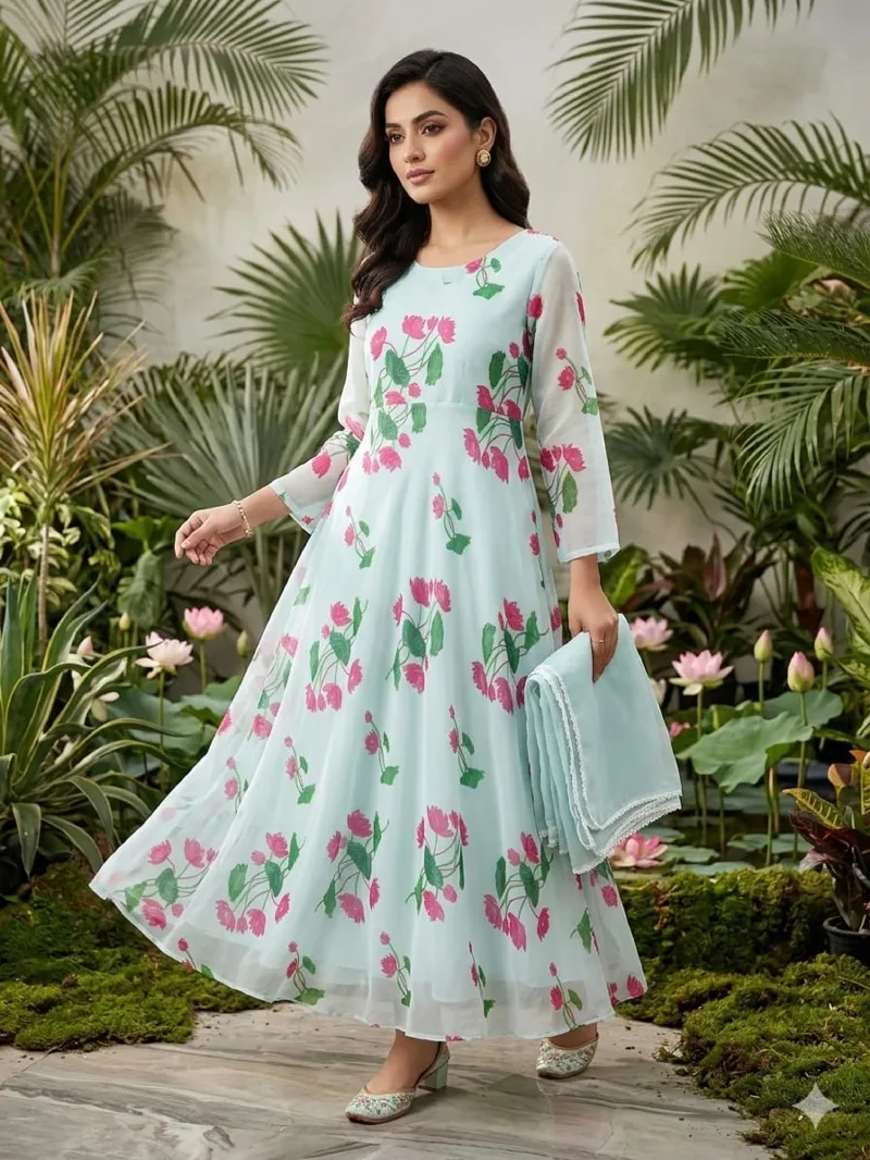 Georgette Gown Three Piece, Free Size with Lace Orna