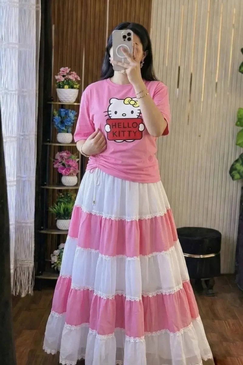 Pure Cotton T-Shirt and Georgette Skirt Set, Free Size up to 44