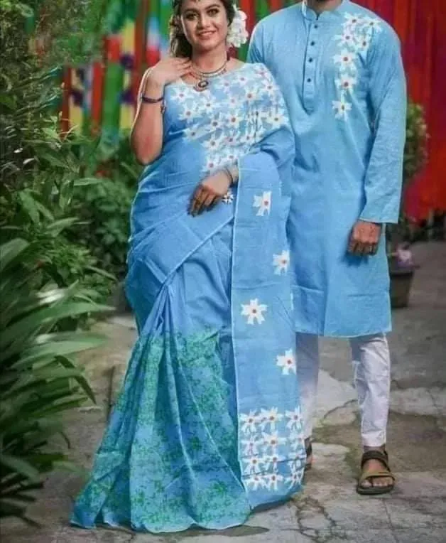 Dhupian Silk Panjabi and Half Silk Saree Set for Couples