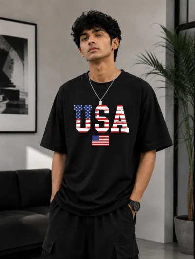 Men's Pure Cotton Drop Shoulder Tee, DTF Print, Sizes M to XXL