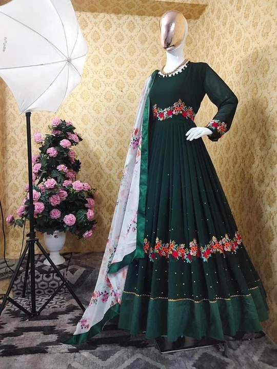 Women's Georgette Embroidered Party Dress, Free Size up to 47 Inch