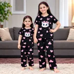 Girls' Black Cat & Heart Print Two-Piece Pajama Set