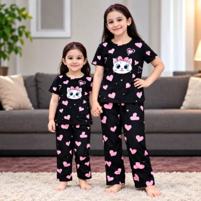 Girls' Black Cat & Heart Print Two-Piece Pajama Set