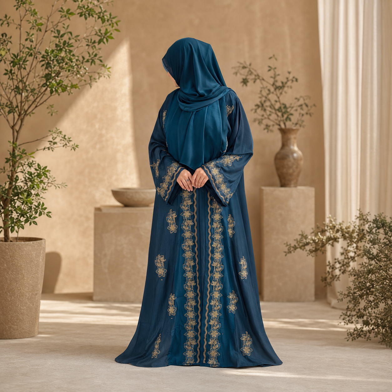Premium Zafran Felix Luxury Abaya with Embroidery & Stone Work | Matching Hijab & Adjustable Inner | Modest Fashion Teal Blue