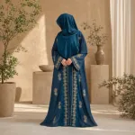 Premium Zafran Felix Luxury Abaya with Embroidery & Stone Work | Matching Hijab & Adjustable Inner | Modest Fashion Teal Blue