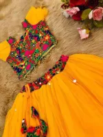 Girls' AC Net Party Lehenga with Aari Work, Ages 1 to 12