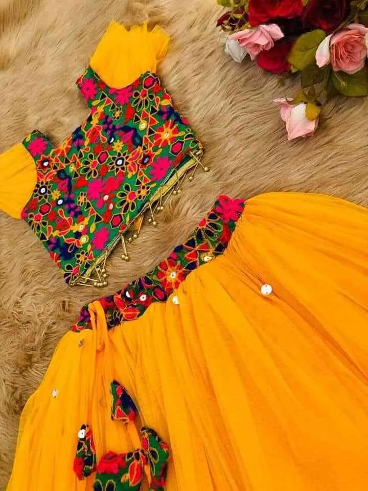Girls' AC Net Party Lehenga with Aari Work, Ages 1 to 12