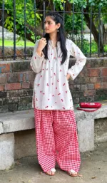 Women's Slub Cotton Two Piece with Screen Print and Check Pant