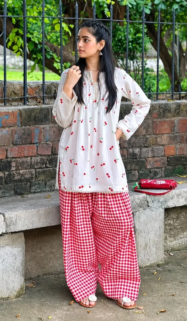 Women's Slub Cotton Two Piece with Screen Print and Check Pant