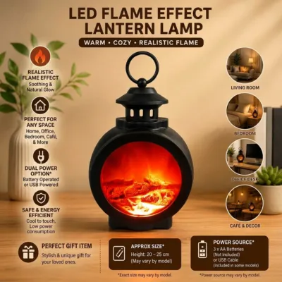 LED Flame Effect Lantern Lamp – Battery & USB Powered Warm Night Light