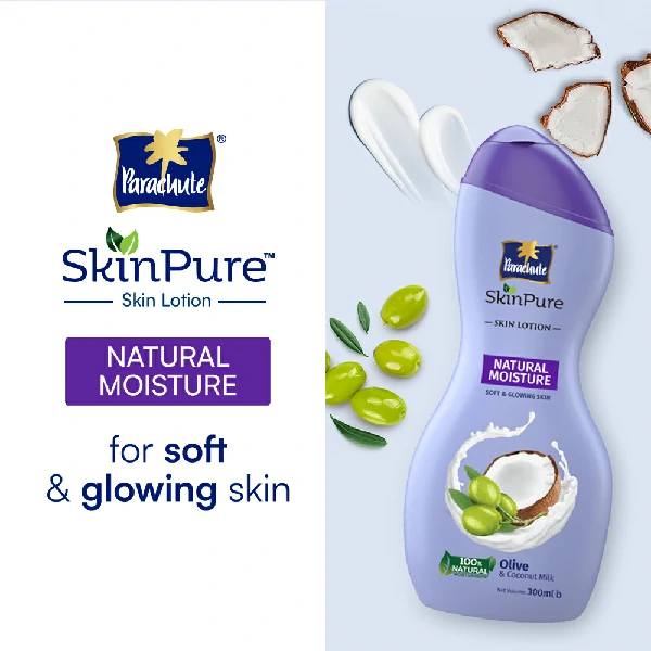 Parachute SkinPure Natural Moisture Body Lotion with Olive & Coconut Milk,For Soft, Glowing, Nourished Skin, 100% Natural Moisturizers, All Skin Types, 100 ml