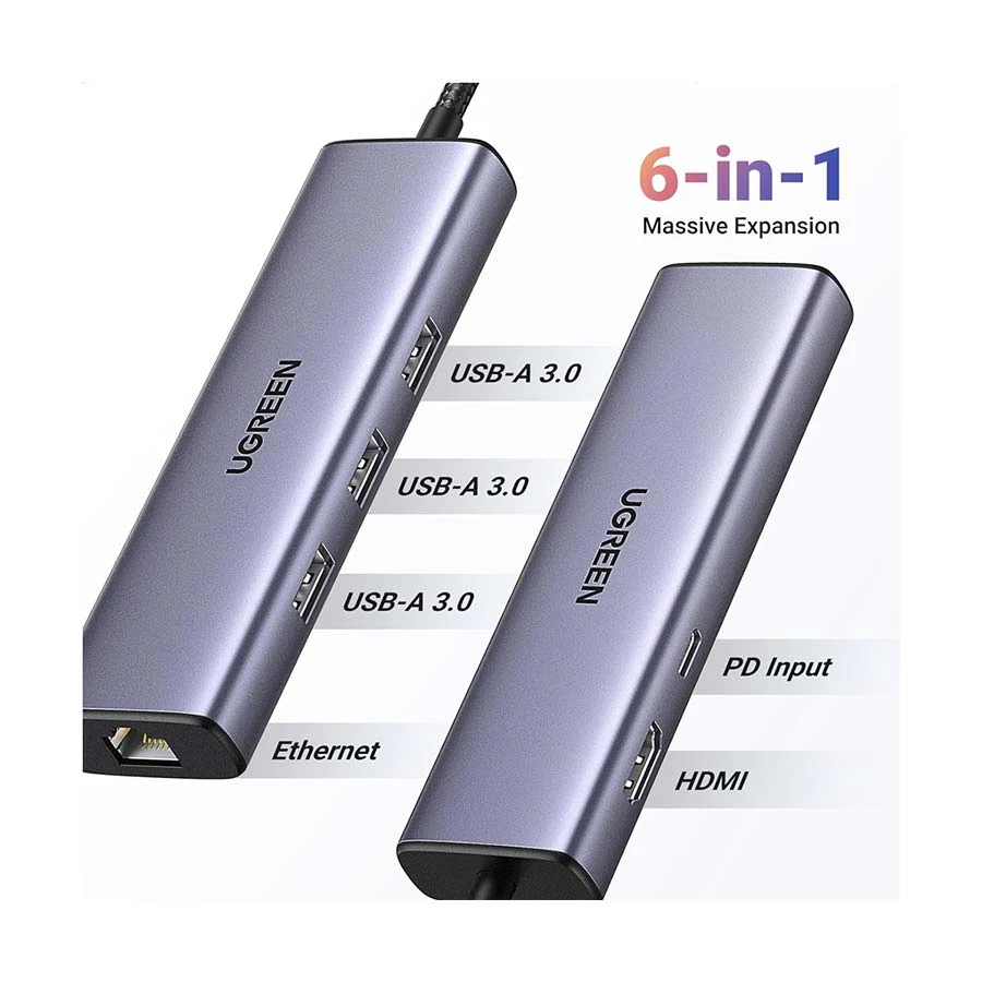 UGREEN Revodok 1061 (15598) USB-C to HDMI, Tri USB, PD & LAN Hub Gray