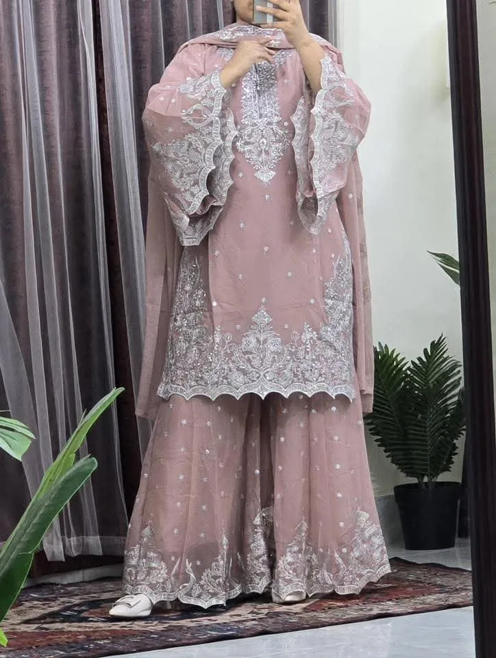 Georgette Embroidered Gharara Set with Lined Pant, 6 Colours