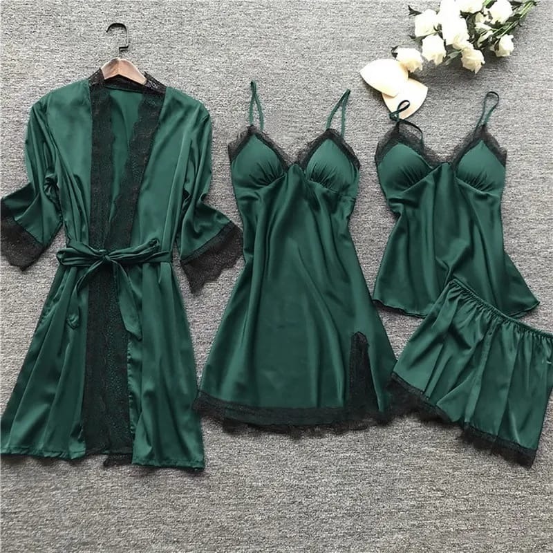 Satin Night Dress Set with Long Nightie, Gown and Shorts