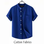 Men's Oxford Cotton Band Collar Half Sleeve Shirt, Slim Fit