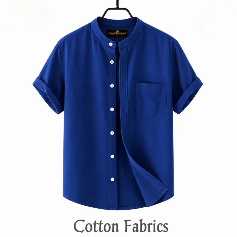 Men's Oxford Cotton Band Collar Half Sleeve Shirt, Slim Fit